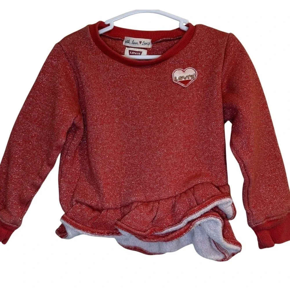 Kids Levi's Red Sparkle Heart Ruffle Sweater & Jeans Outfit Set Size 2T Playwear